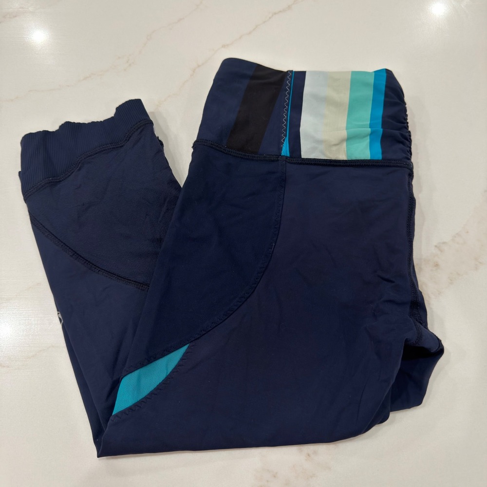 Lululemon Core Kicker Crop Navy Blue Striped Waistband Mesh Leggings Size 6